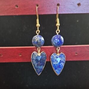 Blue Heart Drop Earrings with Gold Accents